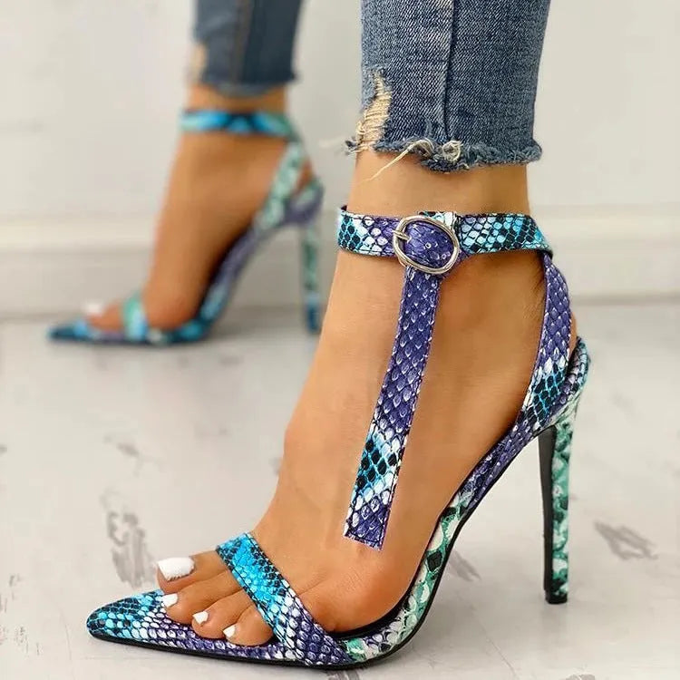 Blue women's court heels with hollow out design and buckle fastening in large European sizes