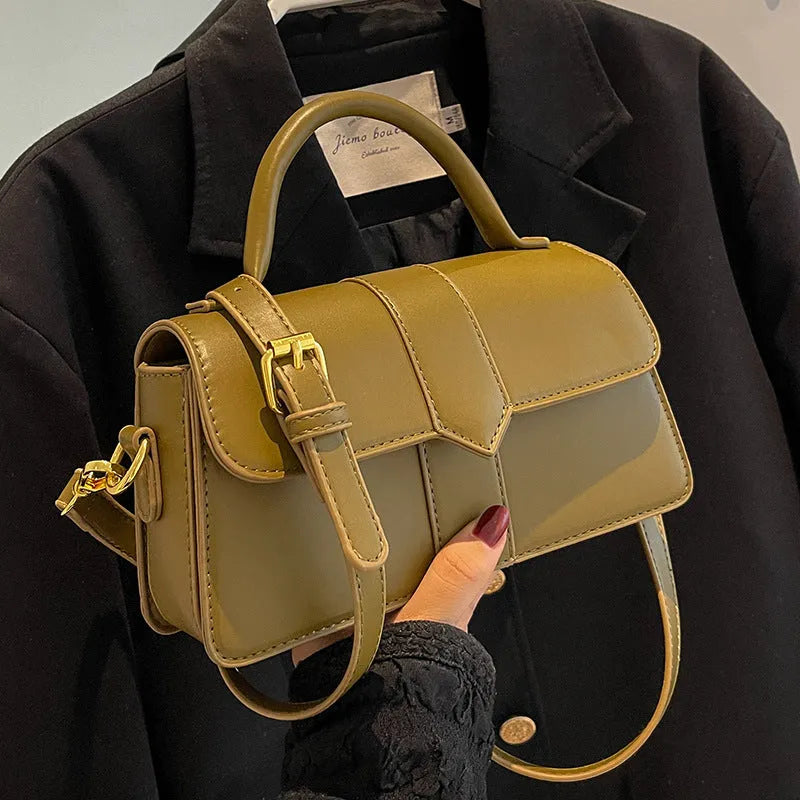 Women's beige PU messenger bag with file organiser, showing horizontal square shape and external pocket