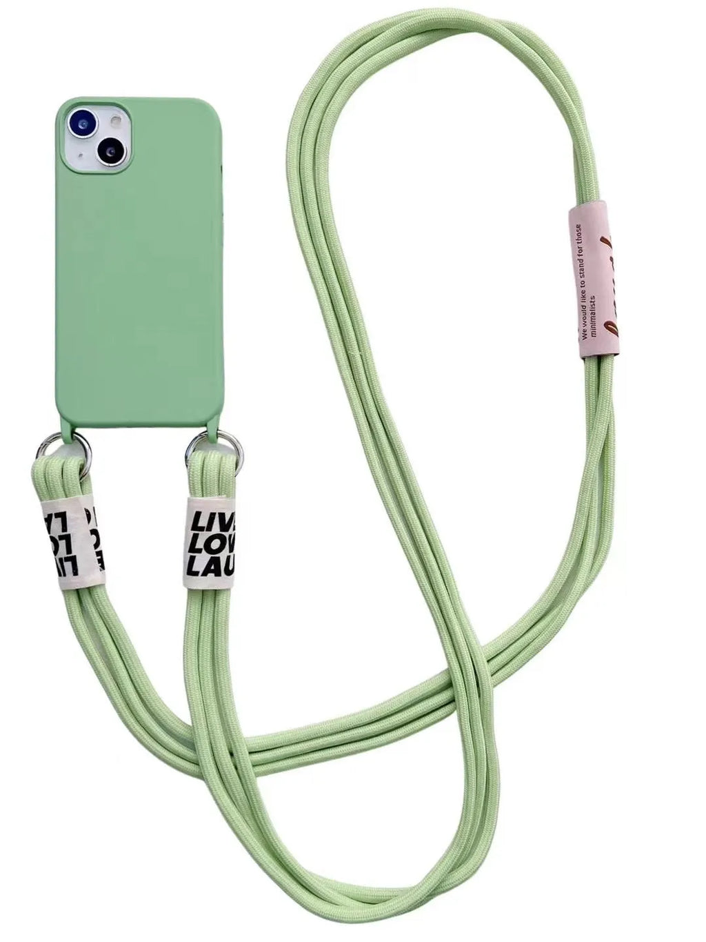 Diagonal lanyard soft TPU phone case for iPhone 13 in blue with grey neck strap on a white background