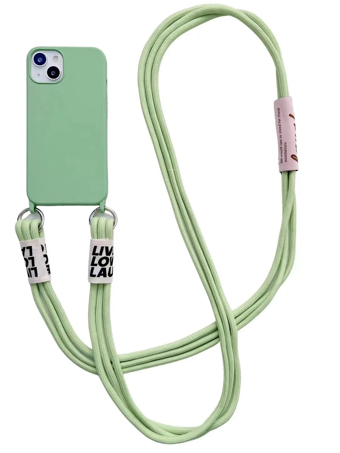 Diagonal lanyard soft TPU phone case for iPhone 13 in blue with grey neck strap on a white background