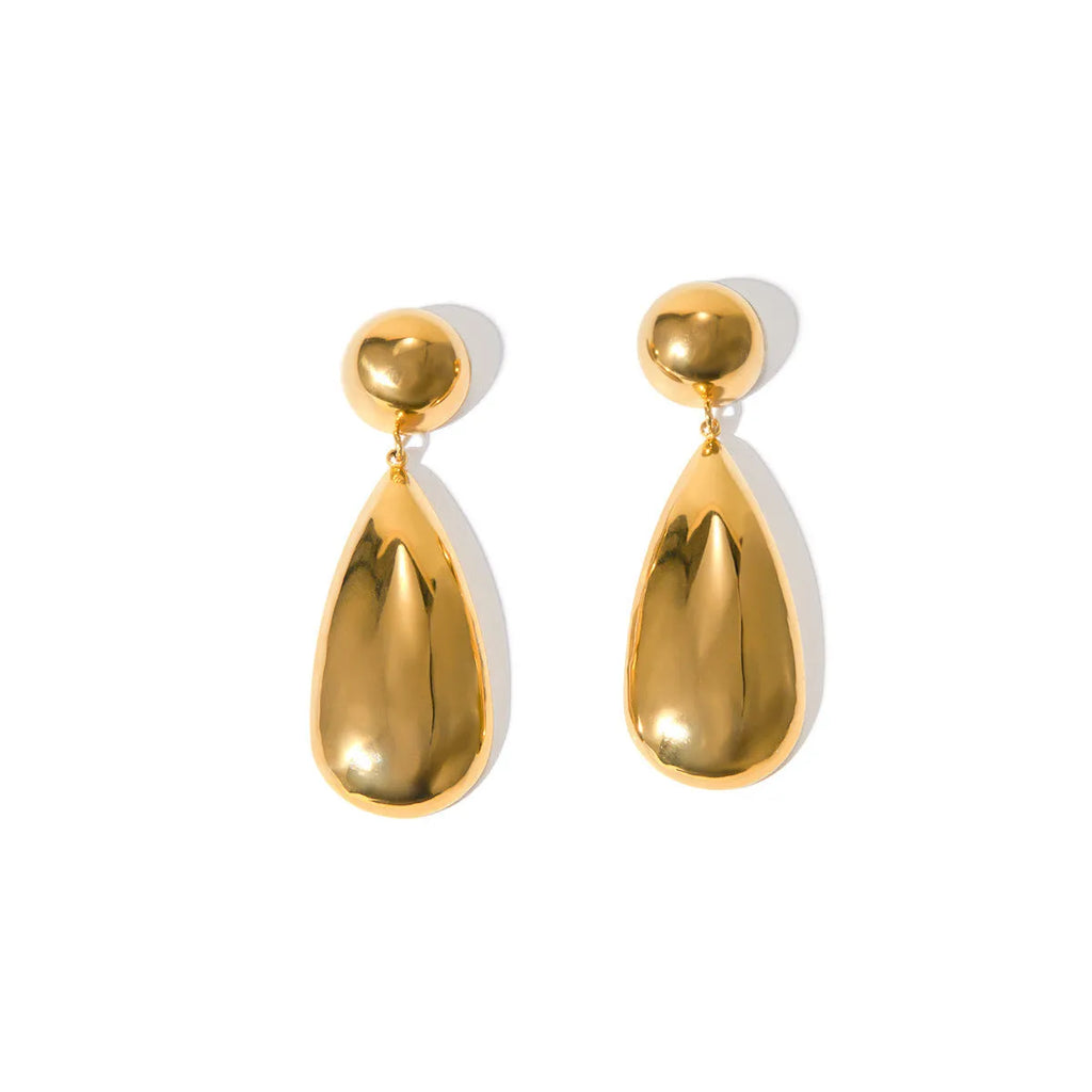 Gold-colour stainless steel pendant earrings with geometric hemisphere and water drop design.