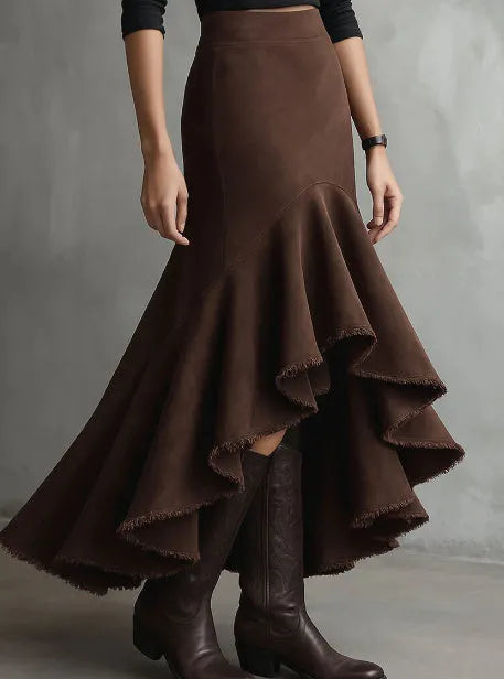 Brown high-low ruffle maxi skirt on hanger showing asymmetric hemline