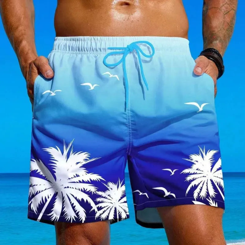 Men's loose fit polyester swimming trunks in an ethnic style colour, showing board shorts design.