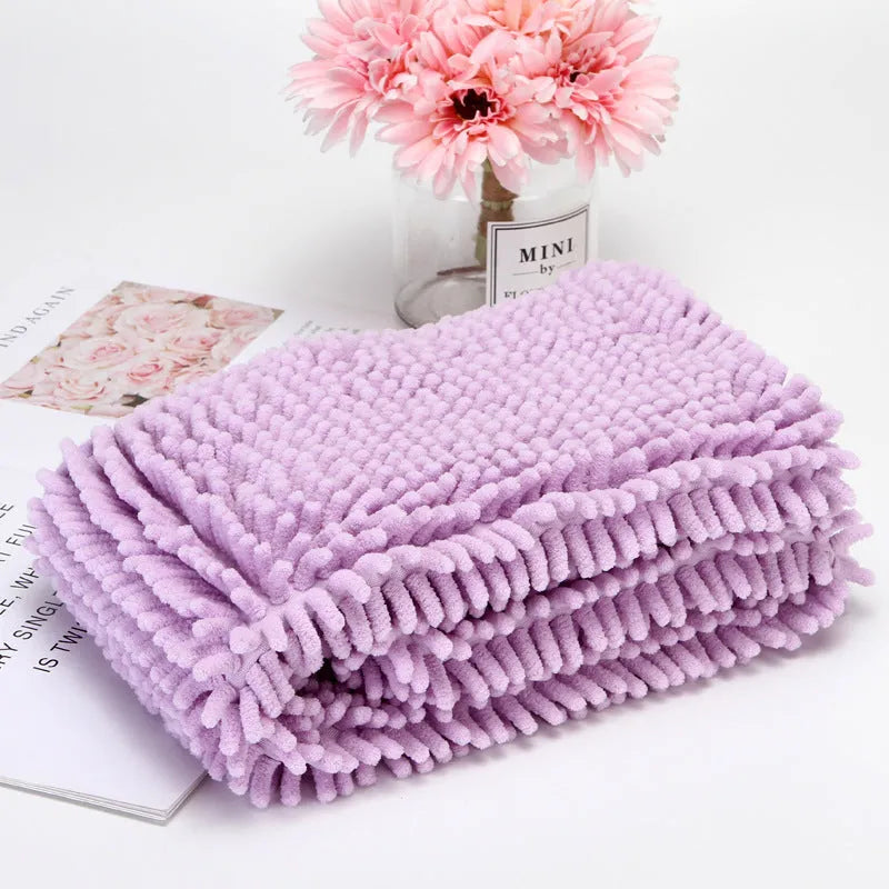 Pet chenille extra size quick-drying absorbent towel in blue on white background
