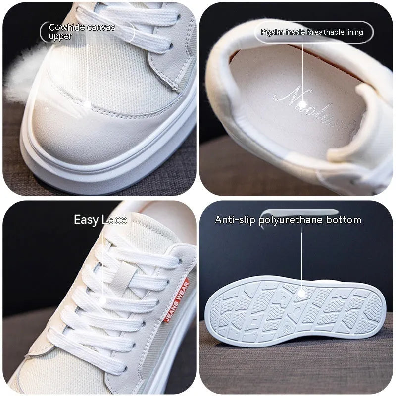 Women's beige and pink cowhide leather board shoes with thick soles for height increase