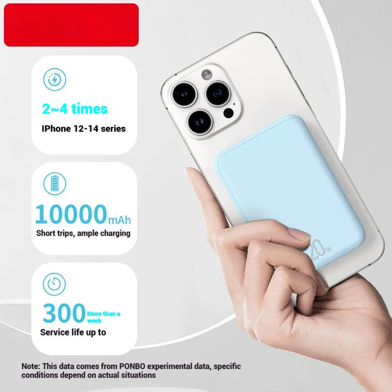 Portable magnetic wireless power bank with 10000mAh capacity in three colour options