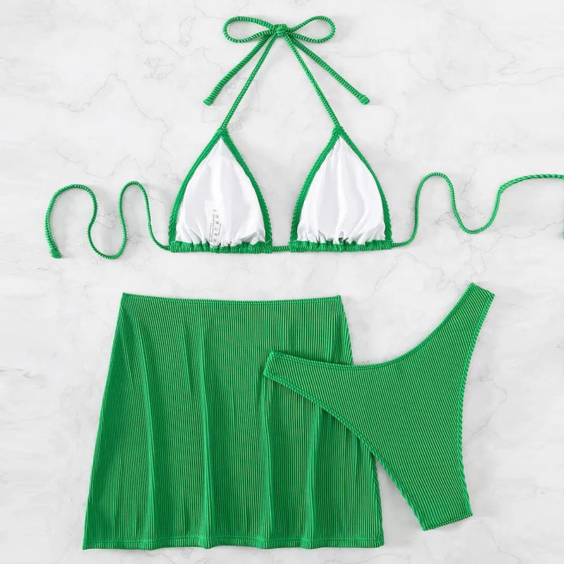 Women's rib fabric bikini swimsuit set in four colour options showing three-piece design for summer swimming