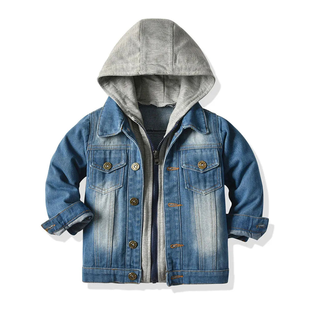 Children's black hooded casual jacket with fake two-piece denim styling and lapel collar