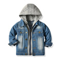 Children's black hooded casual jacket with fake two-piece denim styling and lapel collar