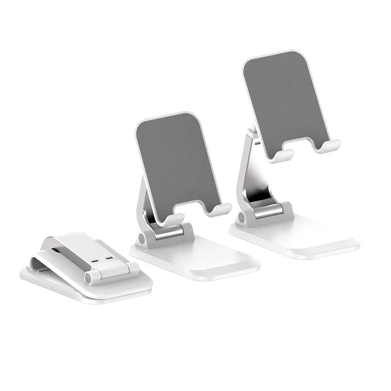 Foldable mobile desktop stand in black, showing smartphone placed on its universal bracket.