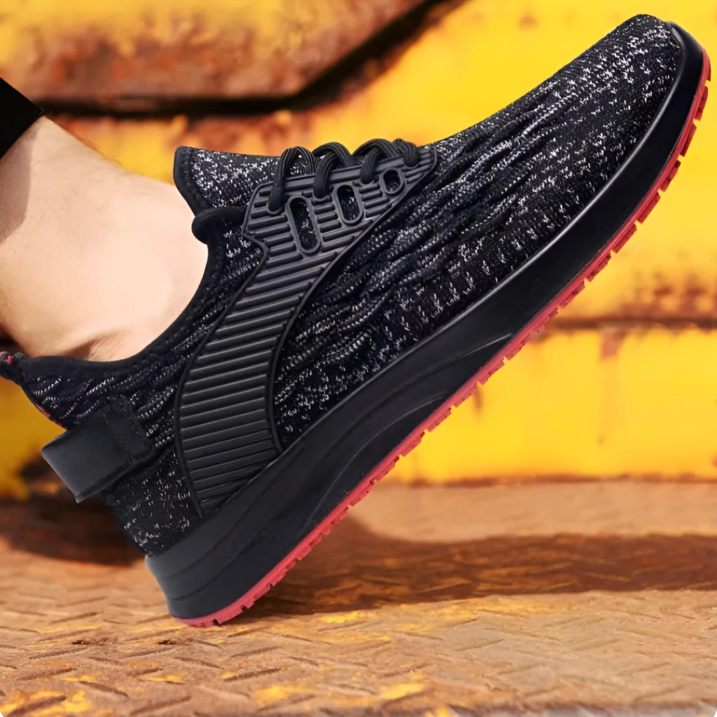 Men's grey anti-slip lace-up trainers with mesh upper for kitchen and workshop use.
