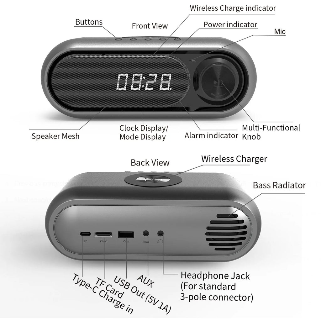 Space grey bedside wireless charging alarm clock with Bluetooth speaker and LED display