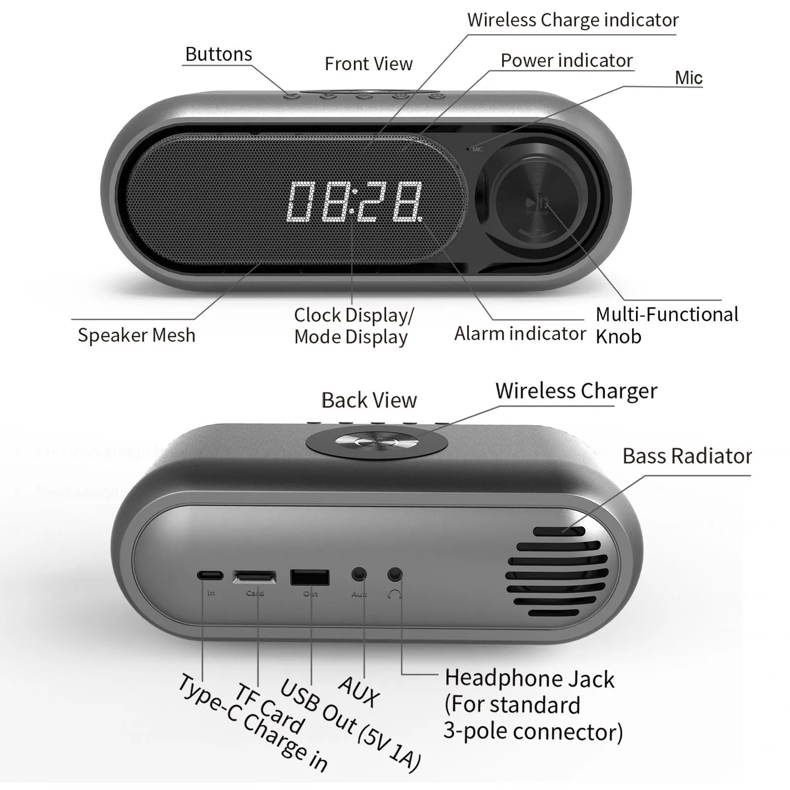 Space grey bedside wireless charging alarm clock with Bluetooth speaker and LED display