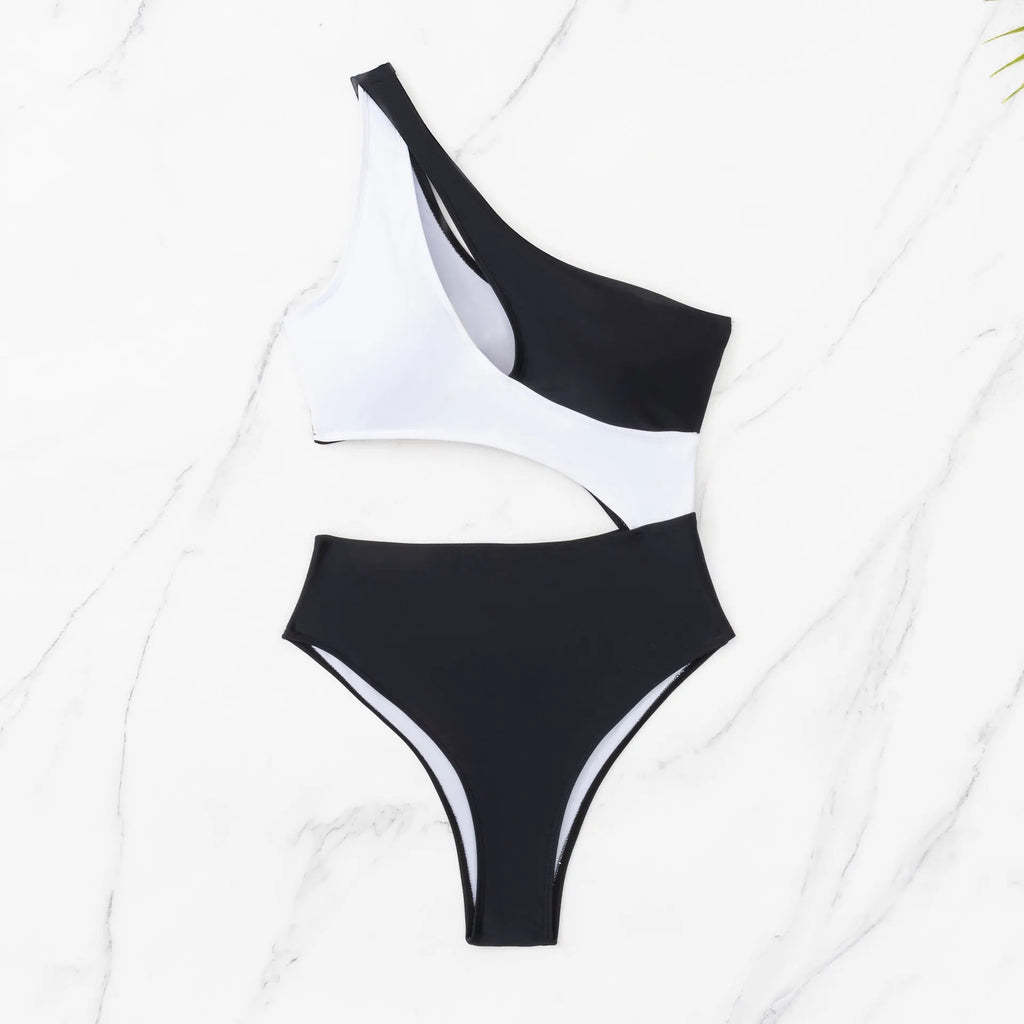 Black women's one-piece swimsuit with hollow design and contrast stitching detail