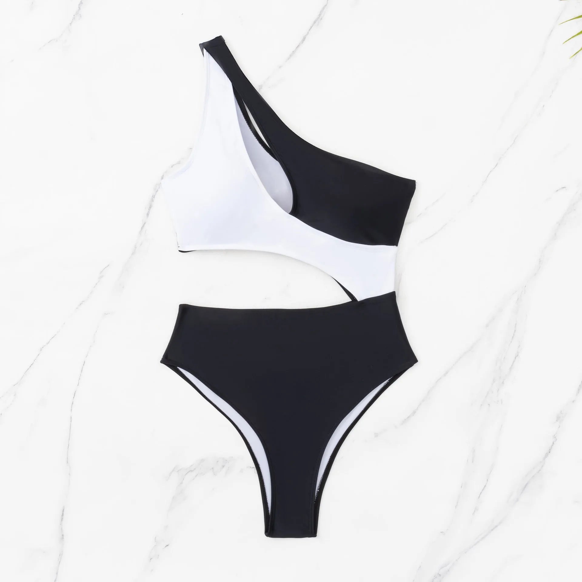Black women's one-piece swimsuit with hollow design and contrast stitching detail