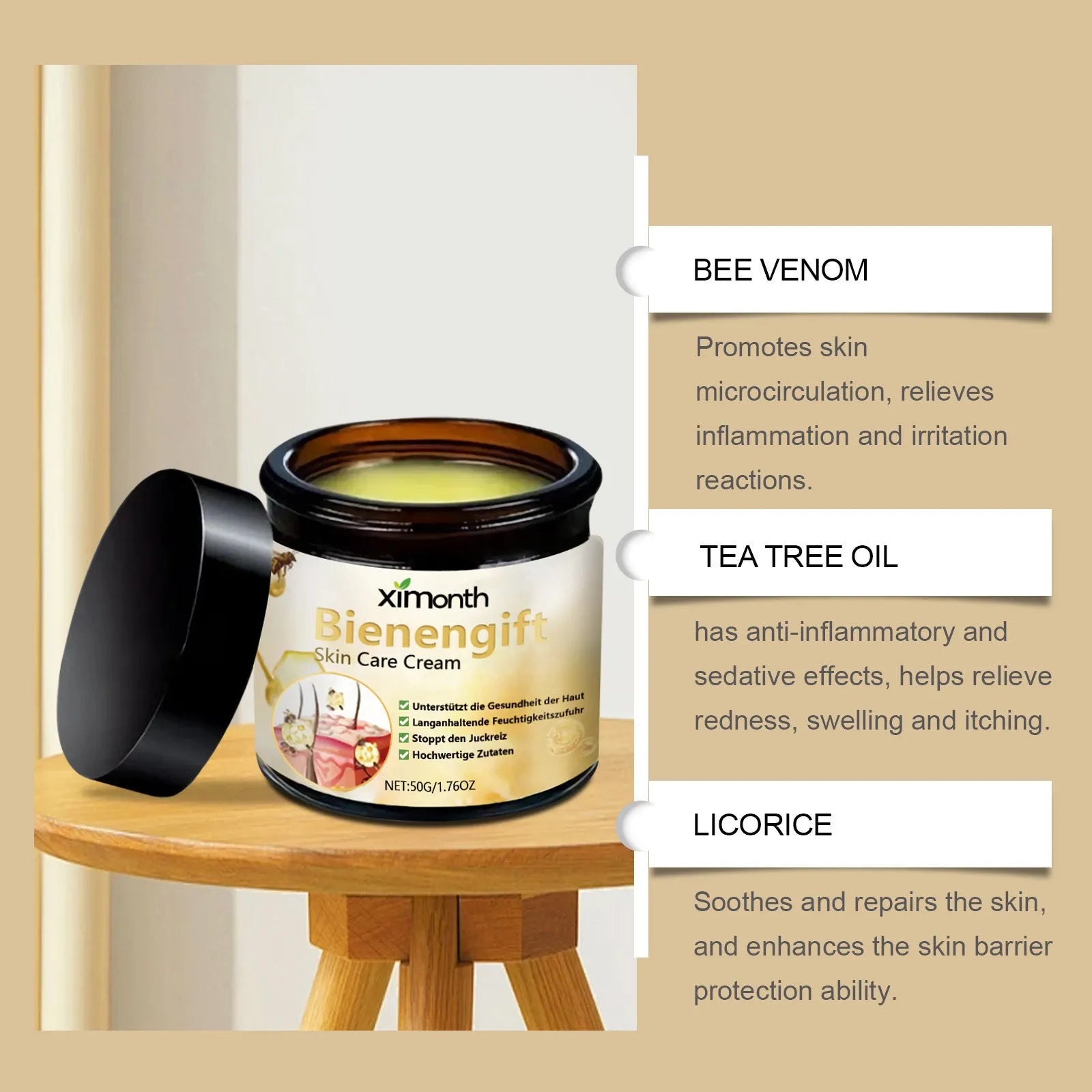 50g tube of bee venom and herbal blend moisturising cream for body and neck