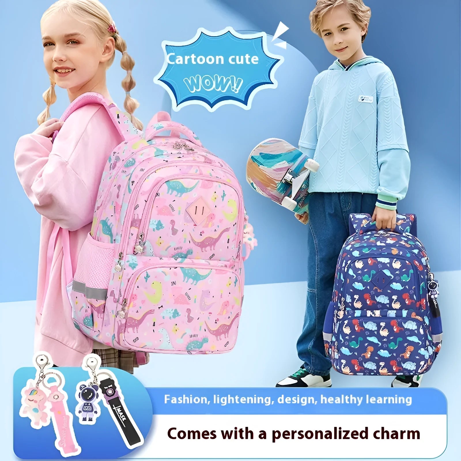 Children's waterproof school backpack with dinosaur pattern and curved shoulder straps