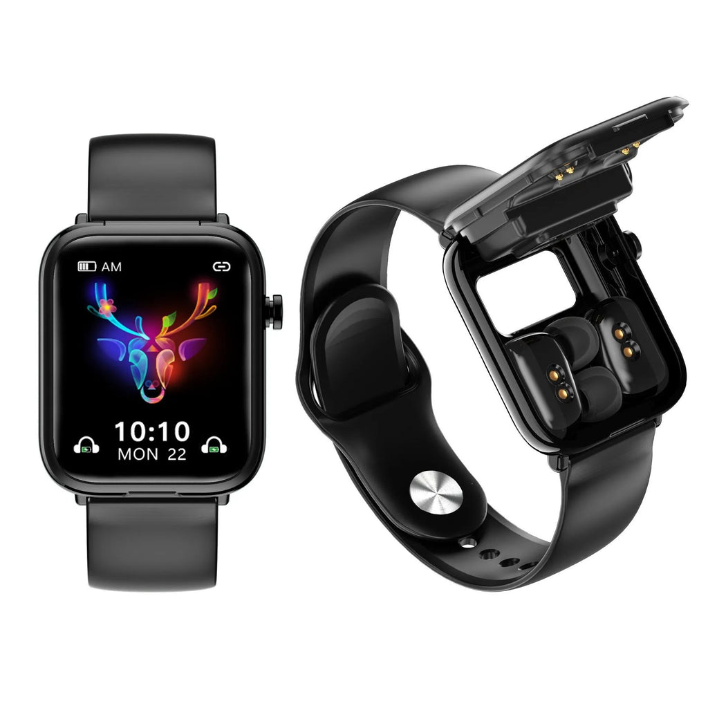 Black smartwatch with wireless earbuds and charging case on a wrist, showing a 1.69-inch touchscreen display.