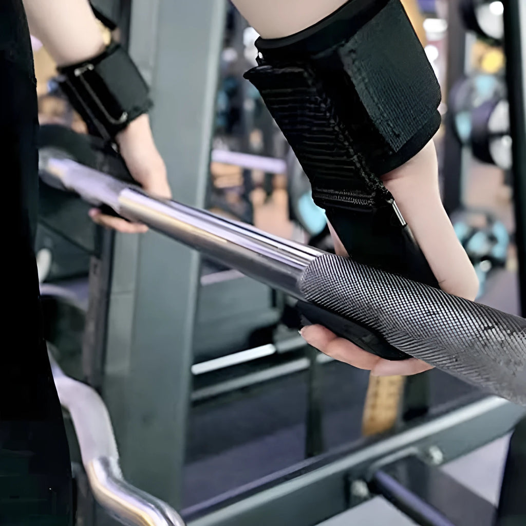 Black fitness wrist brace with hook for pull-up assistance on horizontal bar