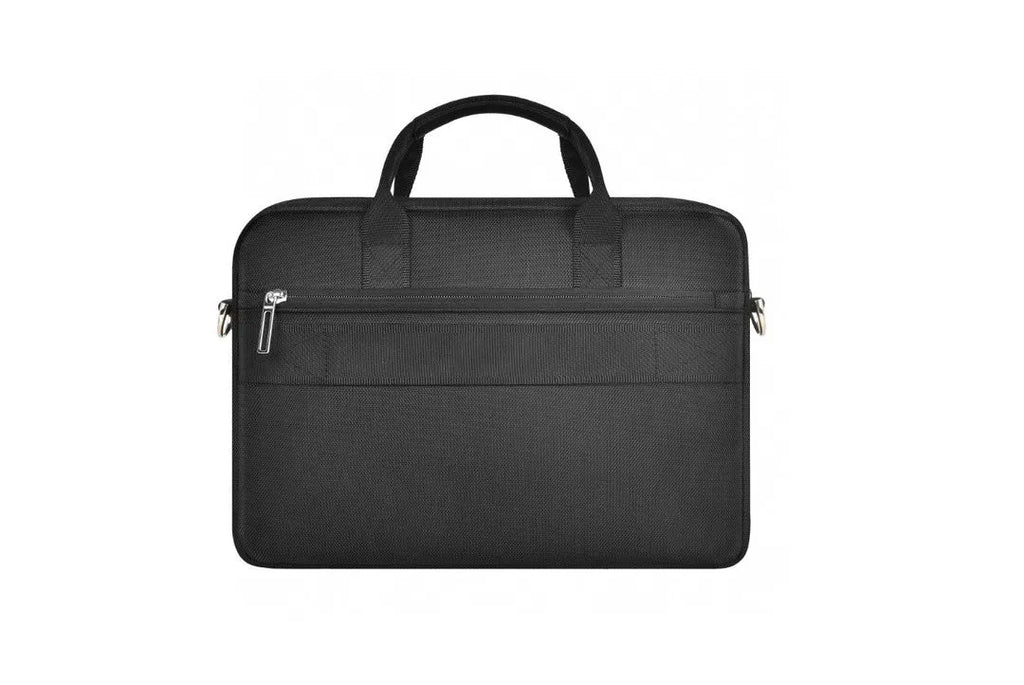 Black Oxford cloth laptop handbag with multiple compartments and a lock, shown in 14-inch and 15.6-inch sizes.
