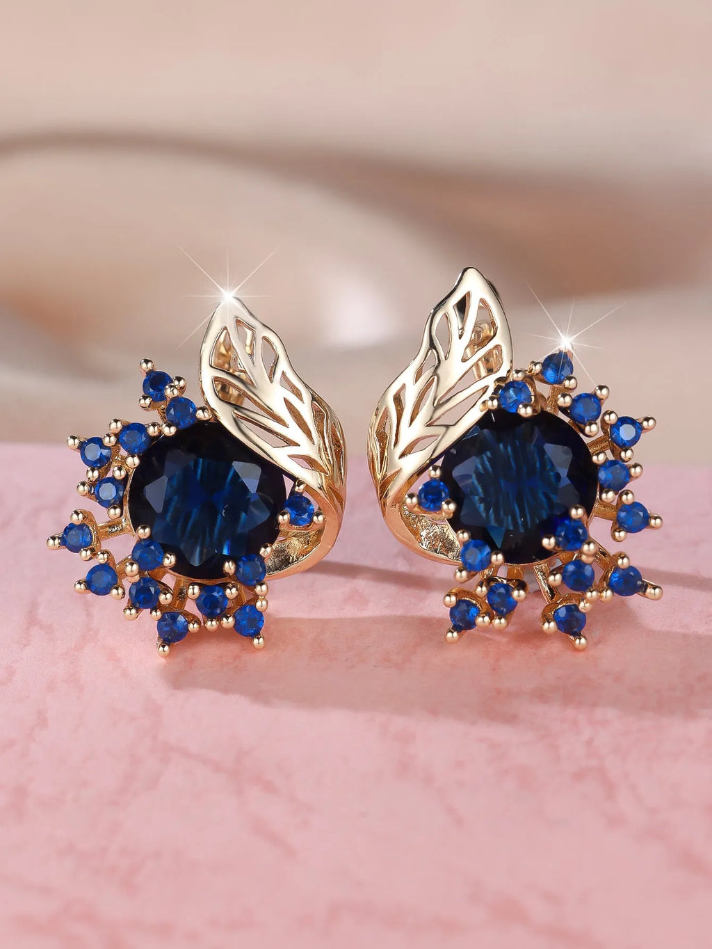 Rose gold round flower feather earrings with a choice of coloured zircon stones.