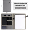 Black full-grain leather A4 document folder with 35mm thick sides, shown open with a notepad and pen.