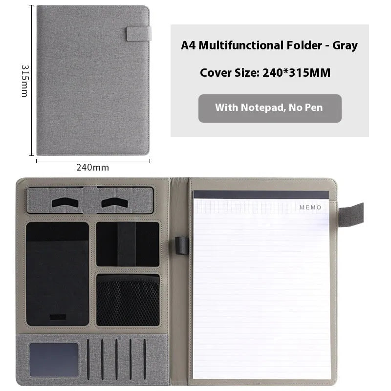 Black full-grain leather A4 document folder with 35mm thick sides, shown open with a notepad and pen.