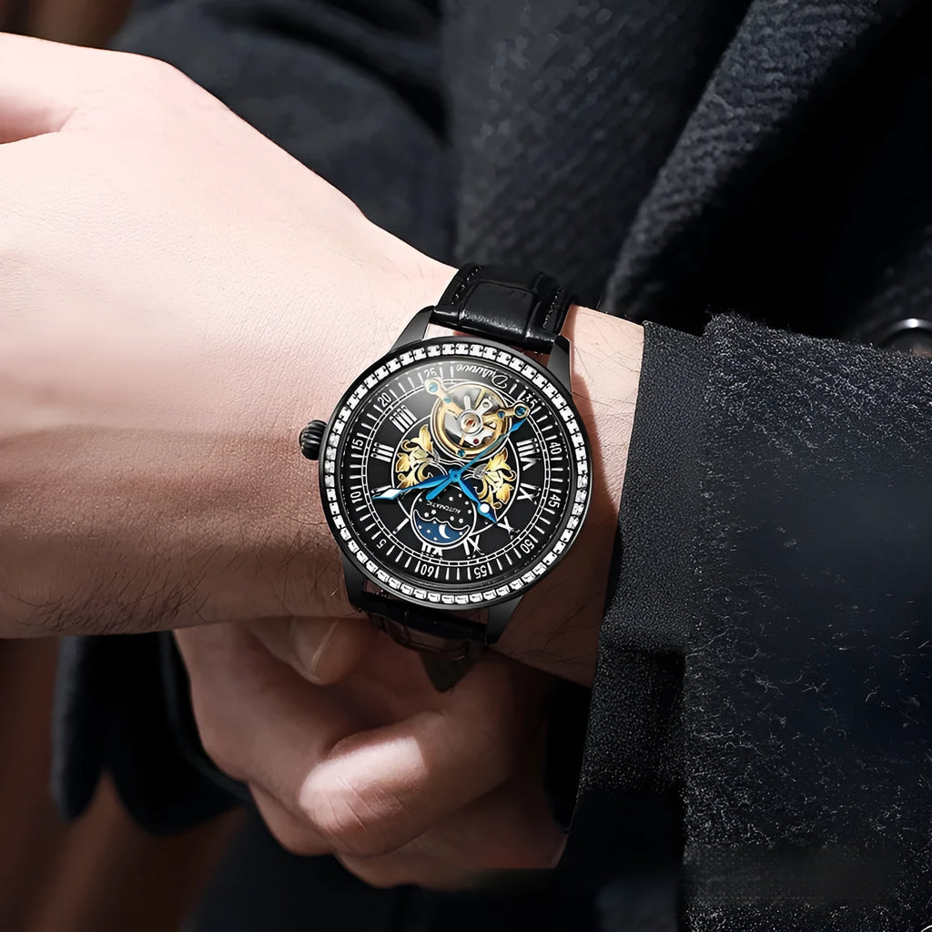 Men's stainless steel mechanical watch with round dial and butterfly buckle, shown in rose gold colour option.