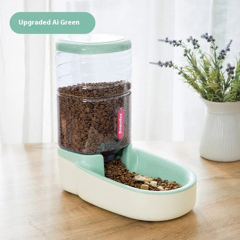 Automatic pet feeder or water fountain with 3.8L capacity in blue, green, grey, or pink colour.