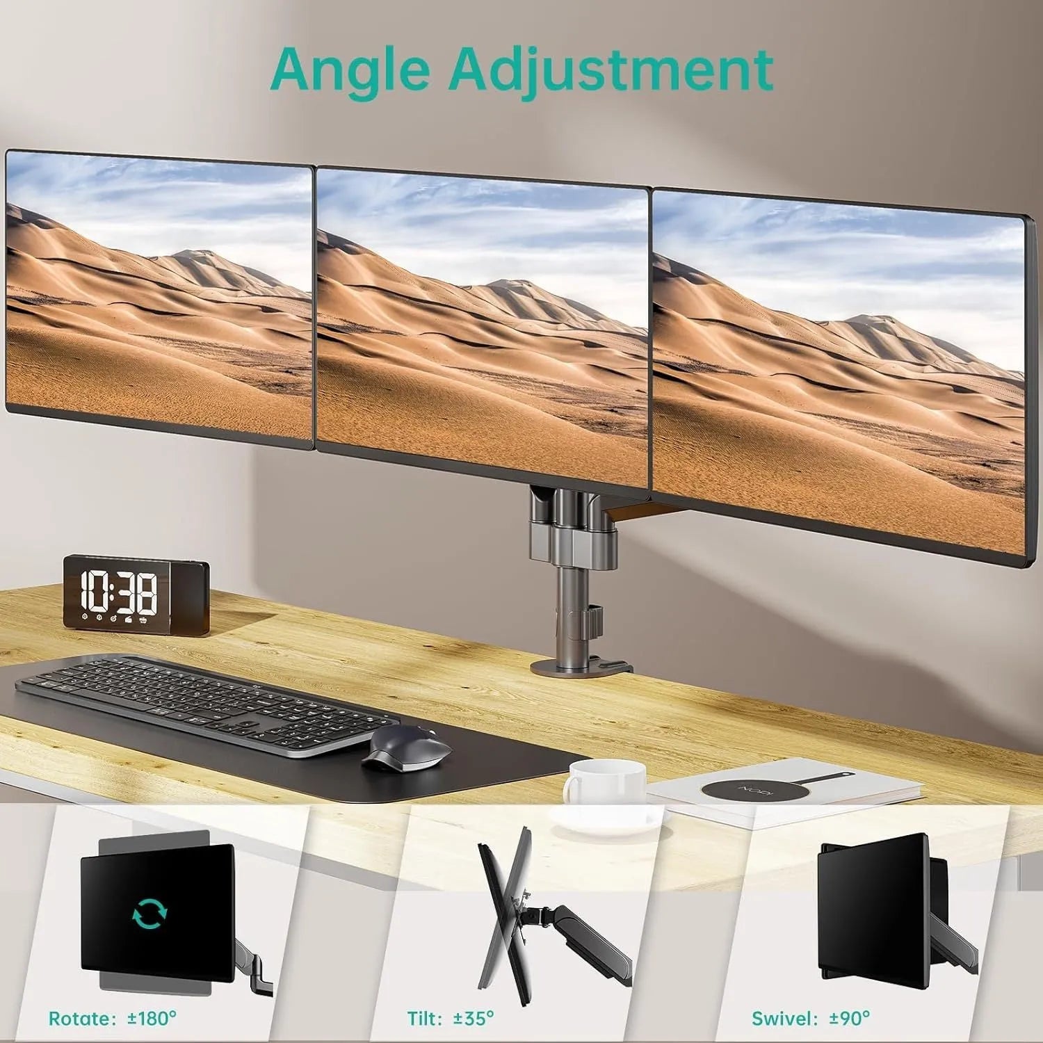 Black triple-arm gas spring computer monitor mount for 13-27 inch screens with aluminium alloy construction