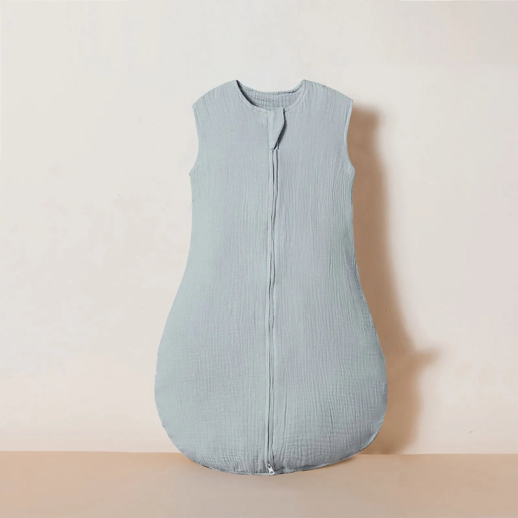 Baby sleeveless gauze sleeping bag in khaki with pure cotton lining, 70cm length for 0-18 months