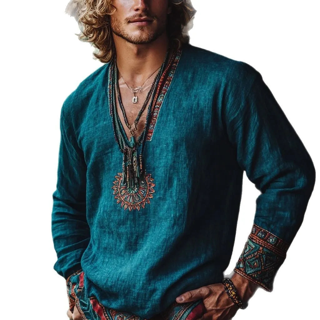 Boho style vintage printed long sleeve casual top in a loose pullover fit.