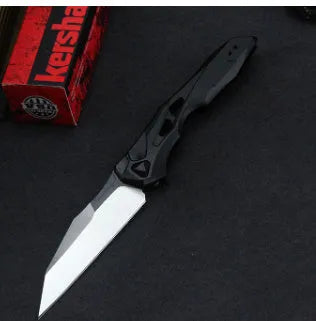 Black folding fruit knife with D2 steel blade and aluminium handle for camping