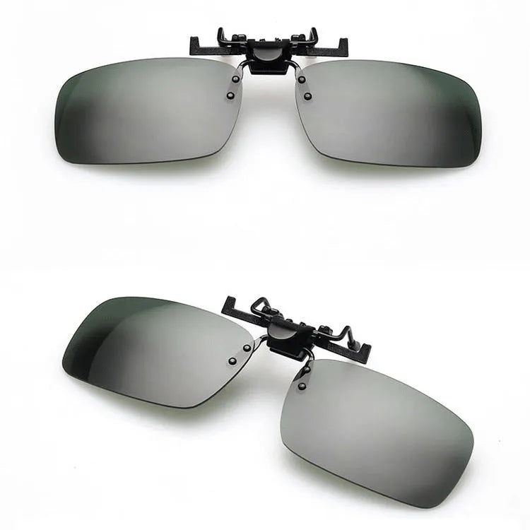 Clip-on sunglasses with polarised PC lenses attached to prescription glasses for driving