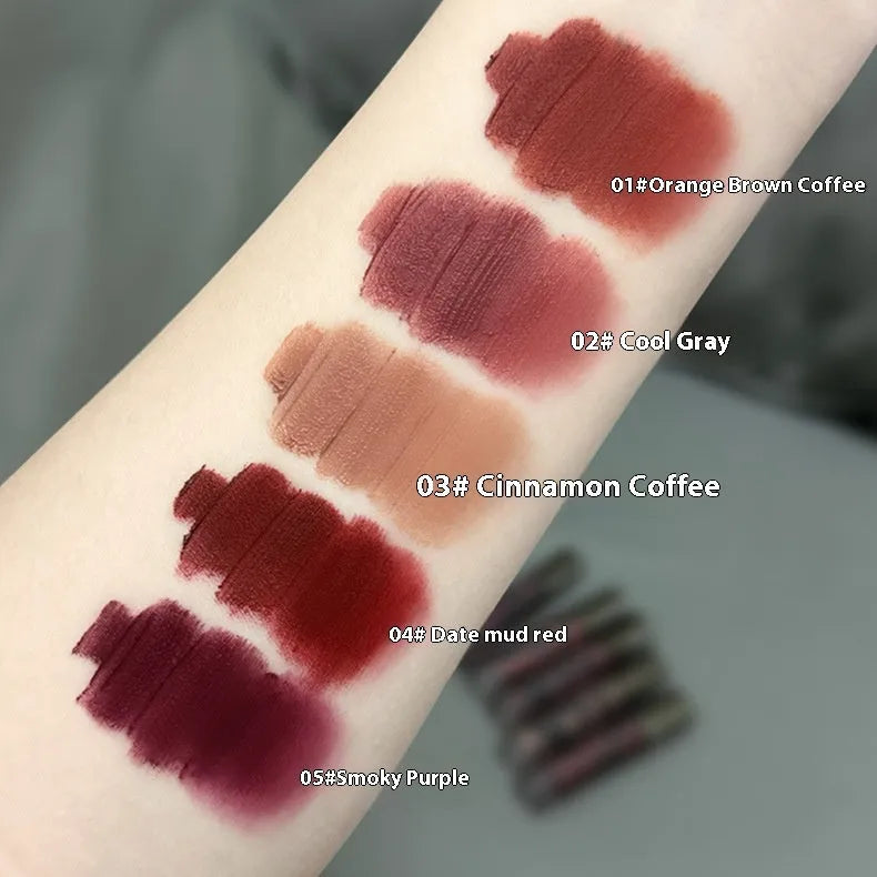 Matte liquid lipstick lip mud in five shades: orange brown, cool grey, cinnamon, jujube red, smoked purple.