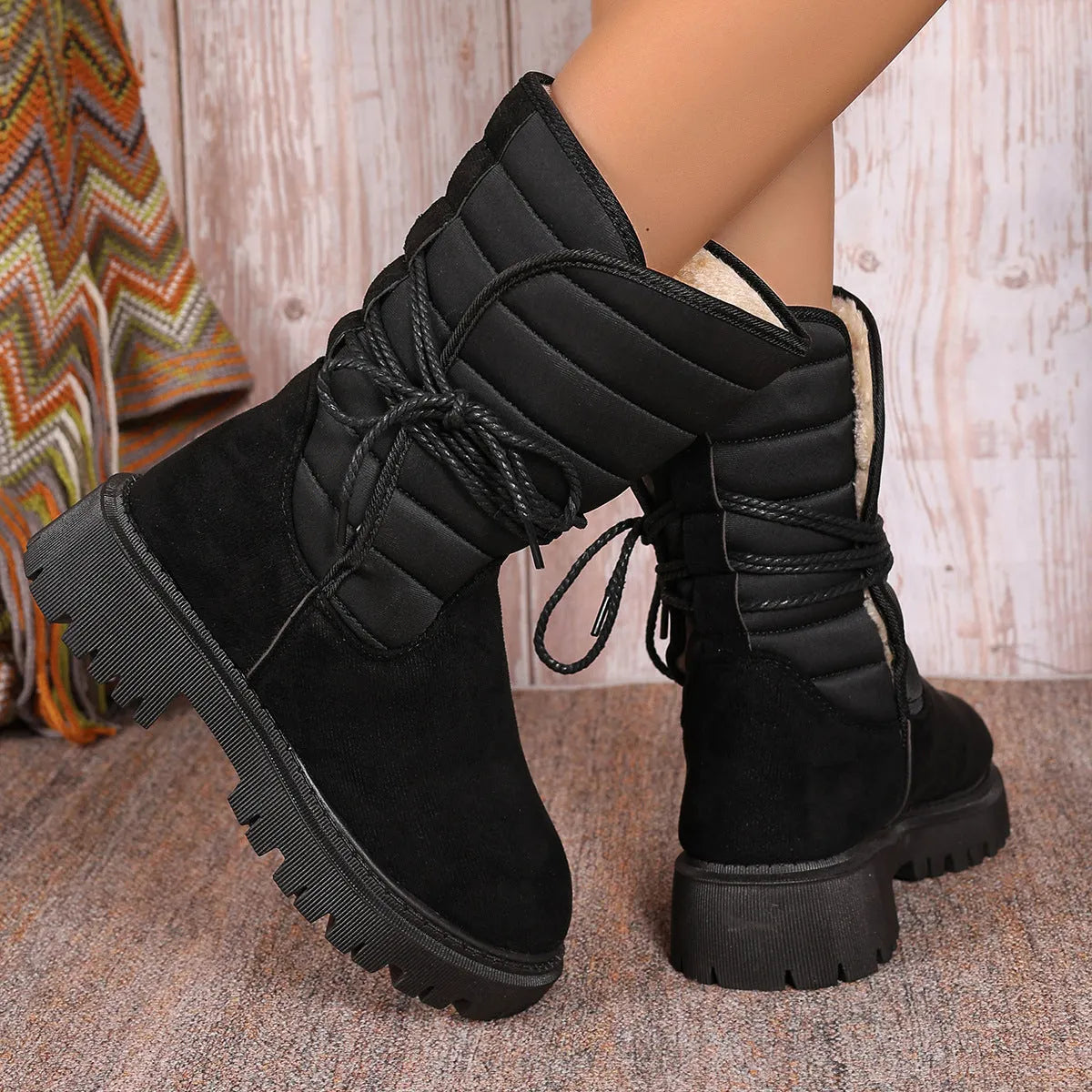 Women's black suede chunky heel snow boots with lace-up front and fleece lining.