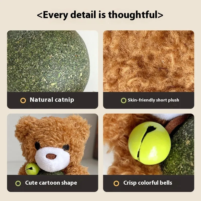 Plush catnip toy in brown bear shape with a bell, showing mint ball inside. Size 15cm tall.