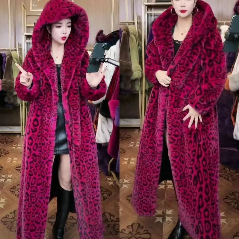 Brown leopard print plus size faux fur coat for women with long 100cm length and loose fit.