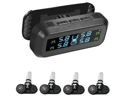 Wireless solar car tyre pressure monitor with colour display and four external sensors.