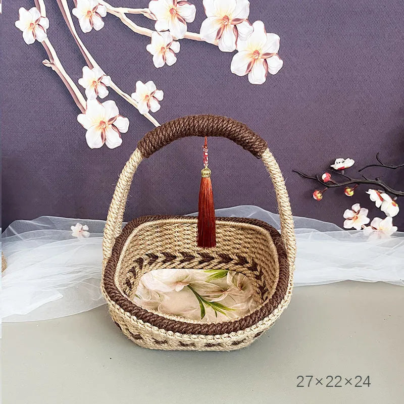 Hand-woven straw basket with hemp rope finish in pastoral retro style