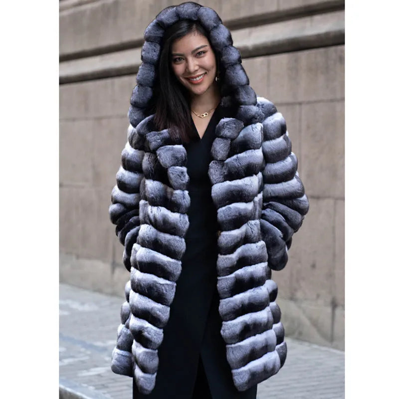 Women's zebra stripe faux fur overcoat with artificial mink hair fabric, mid-length design