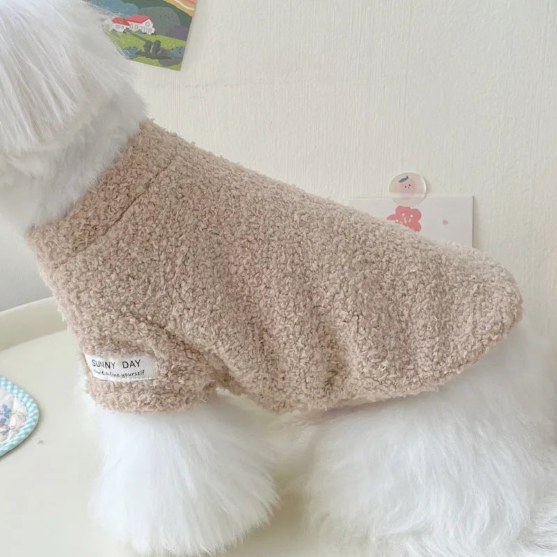 Brown double-sided cloud velvet dog jacket showing thickened polyester construction for pet warmth