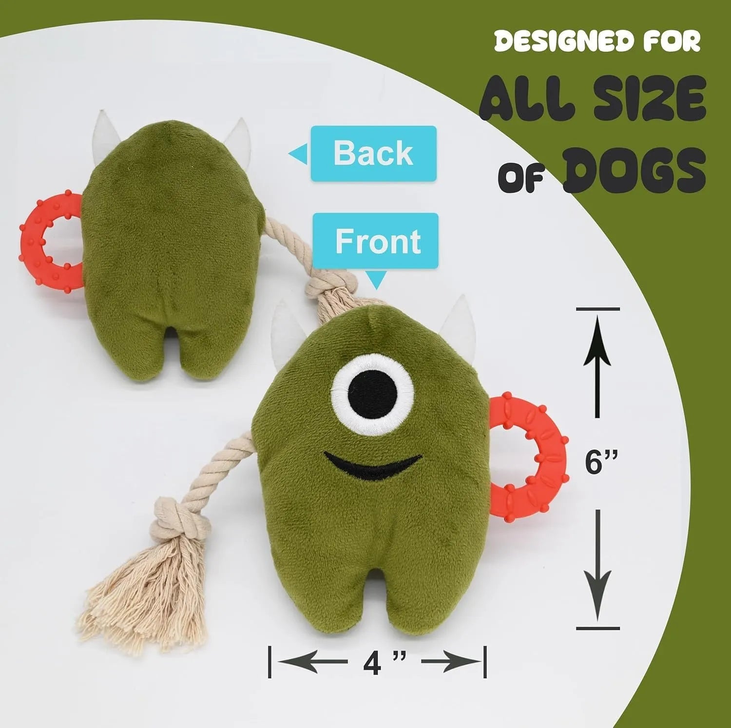 Blue and green plush monster dog toy with cotton rope sections and a squeaker