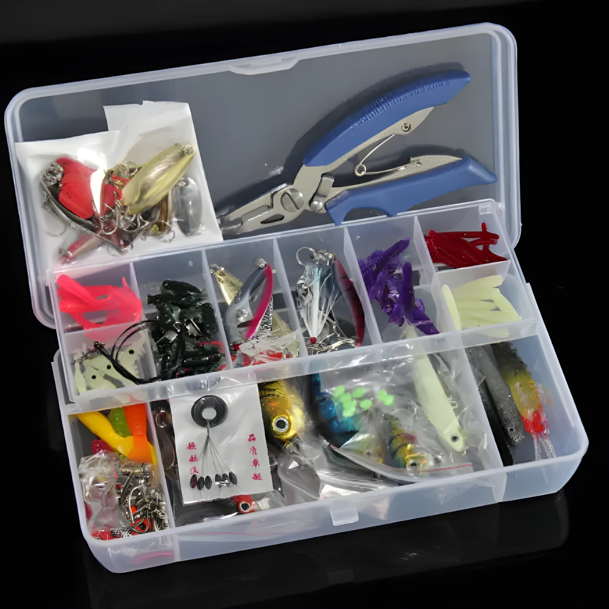 Rose red 132-piece soft bait fishing lure set with plastic baits and high carbon steel hooks in a storage case.