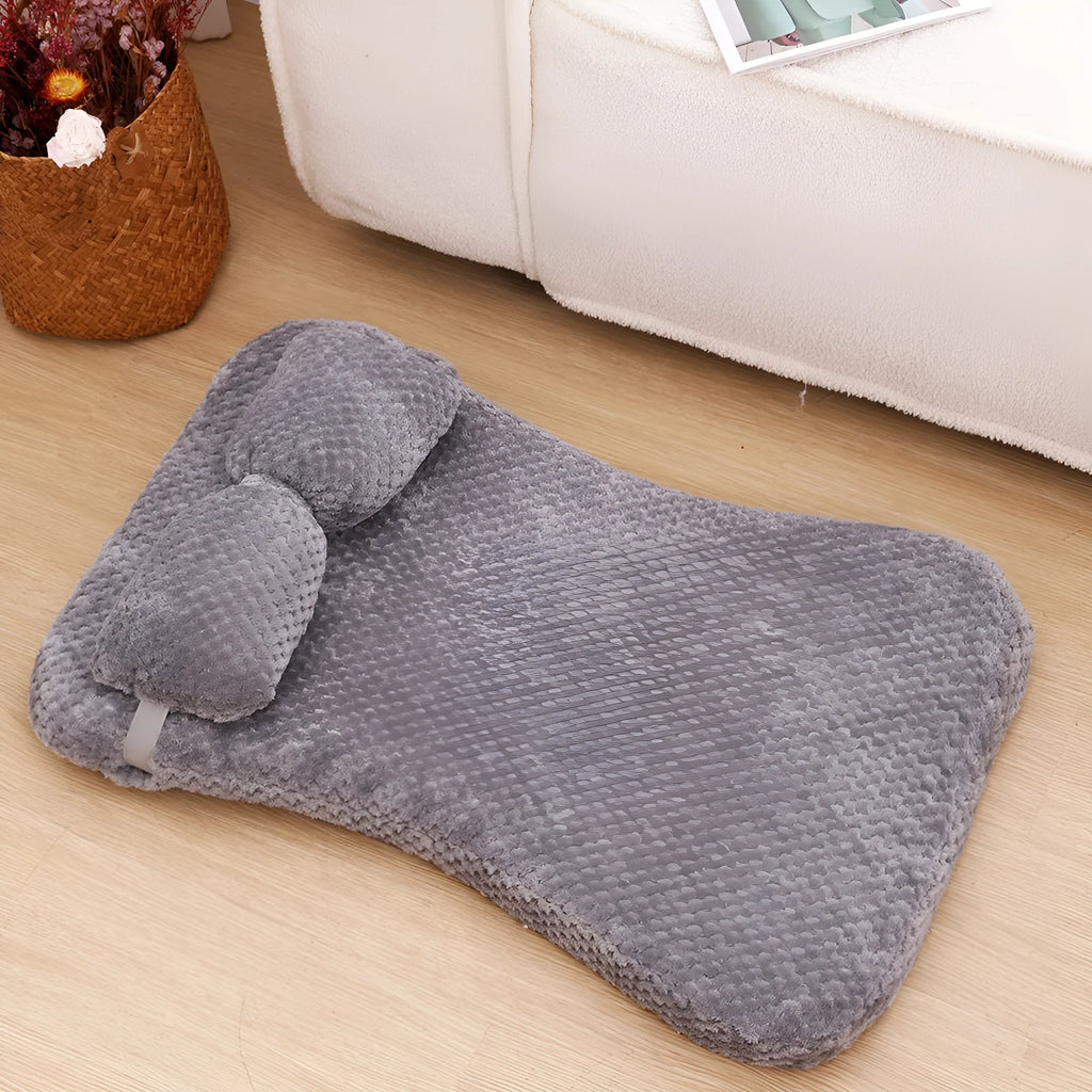 Soft plush pet bed mat with attached pillow in gray, available in large size 75x50x7cm for dogs and cats