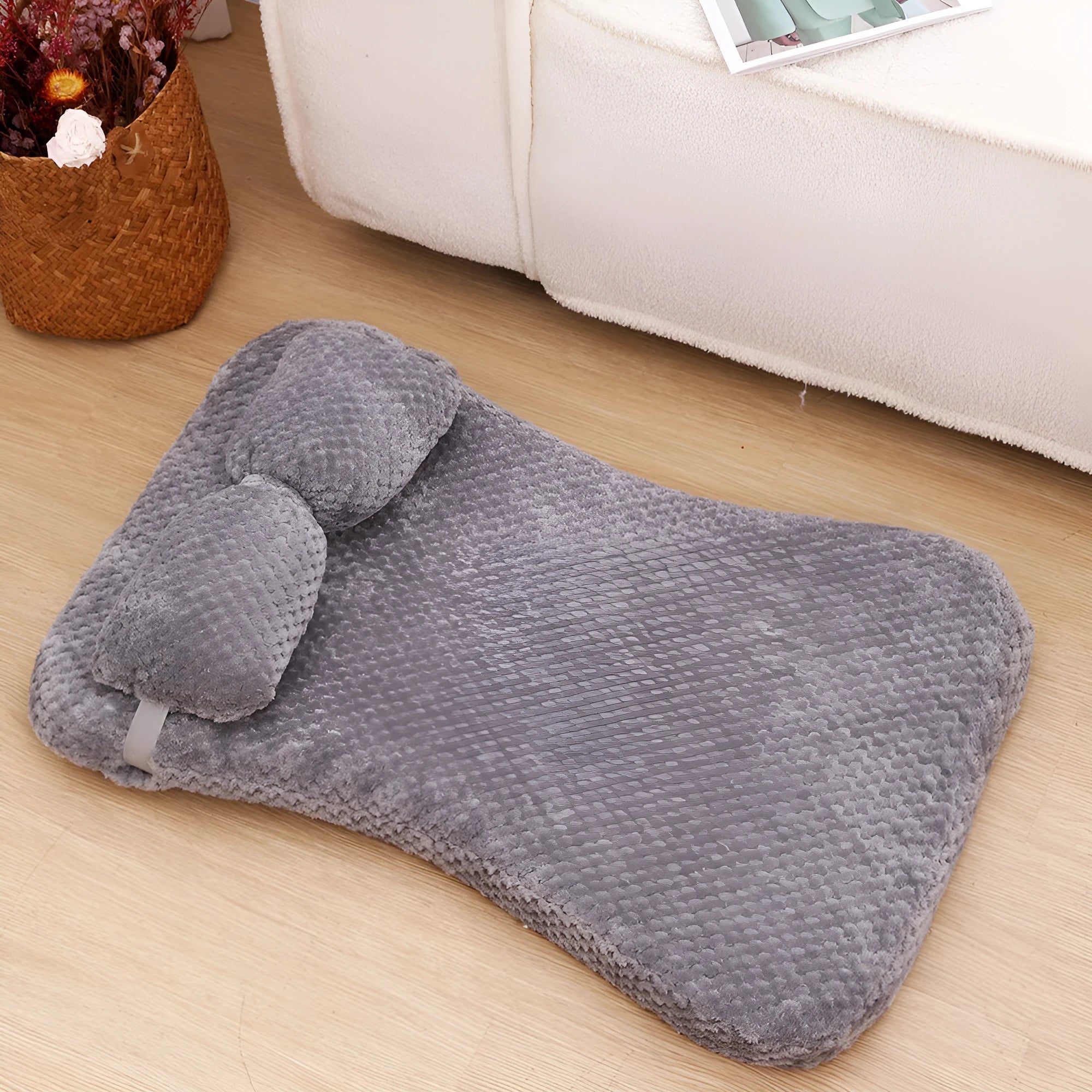Soft plush pet bed mat with attached pillow in gray, available in large size 75x50x7cm for dogs and cats