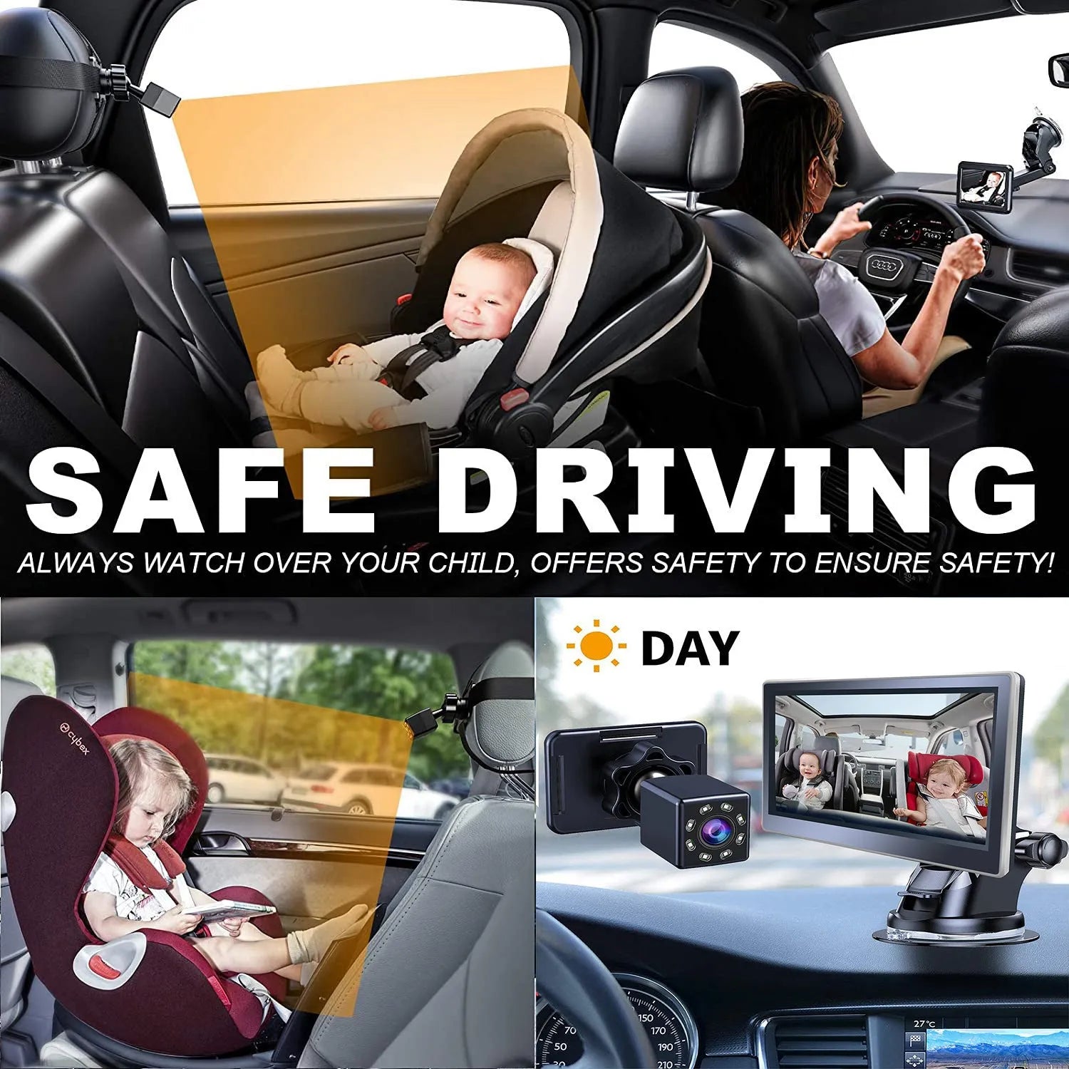 Car infant baby infrared night vision rearview mirror system with 5-inch monitor and wide-angle camera