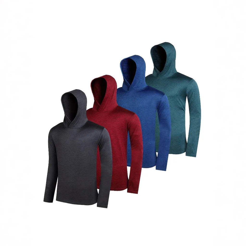 Four men's lightweight pullover hoodies in assorted colours, made from elastic polyester fibre.