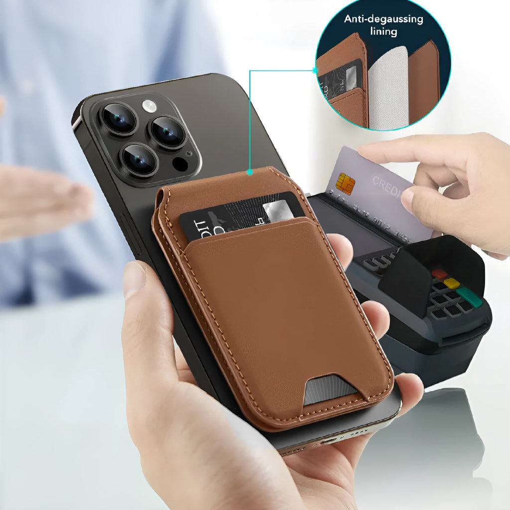 Magnetic card holder phone case for iPhone showing card slot on back, available in multiple colours
