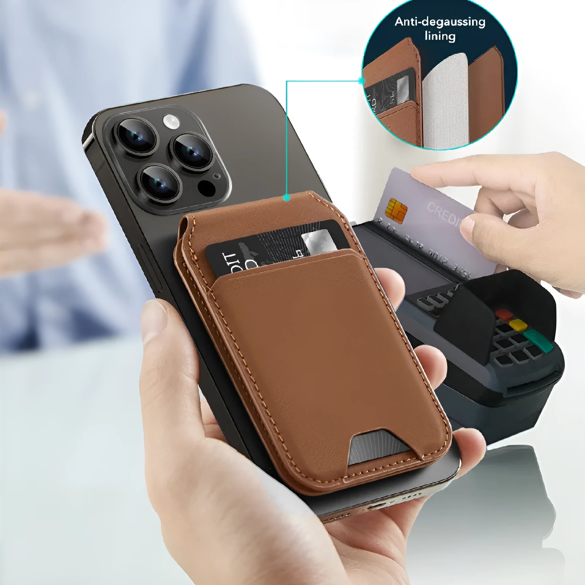 Magnetic card holder phone case for iPhone showing card slot on back, available in multiple colours